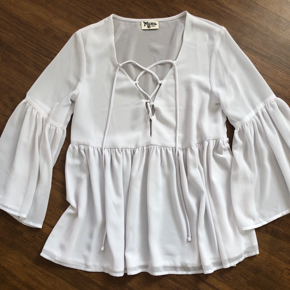 Show Me Your Mumu Babydoll Blouse Small Tie Top White Boho Peasant Romantic Poet